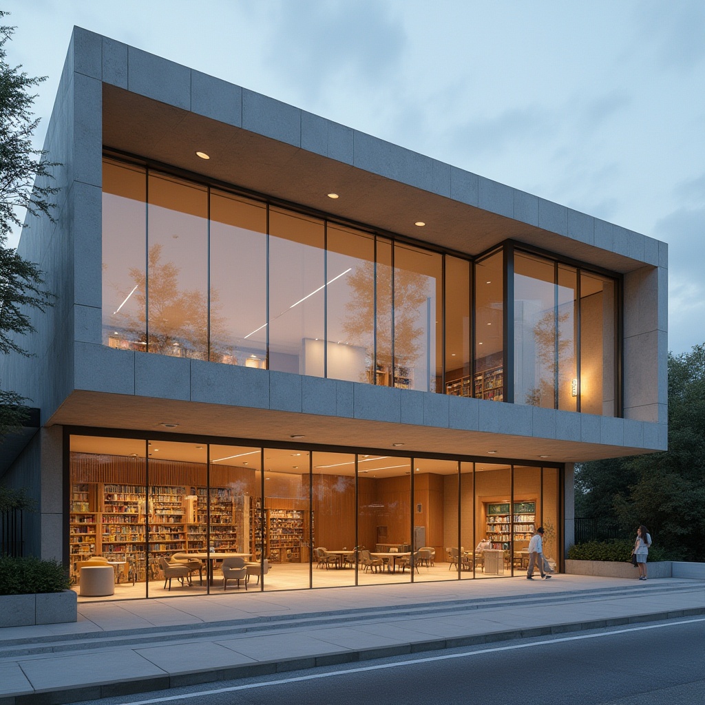 Prompt: Contemporary library facade, sleek glass walls, minimalist entrance, cantilevered rooflines, geometric patterns, natural stone cladding, modernist architecture, clean lines, rectangular forms, abundant natural light, reading areas, comfortable seating, wooden accents, neutral color palette, subtle textures, warm ambient lighting, shallow depth of field, 1/1 composition, realistic reflections, soft shadows.