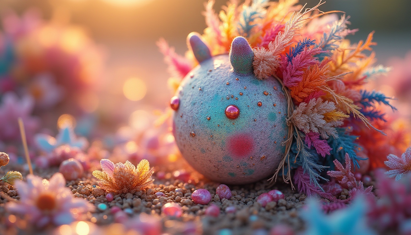 Prompt: Vibrant rainbow colors, pastel hues, metallic accents, iridescent sheen, glossy finishes, bold typography, abstract shapes, whimsical patterns, eclectic textures, bohemian inspiration, warm golden lighting, soft focus, shallow depth of field, 1/1 composition, realistic rendering, atmospheric perspective.