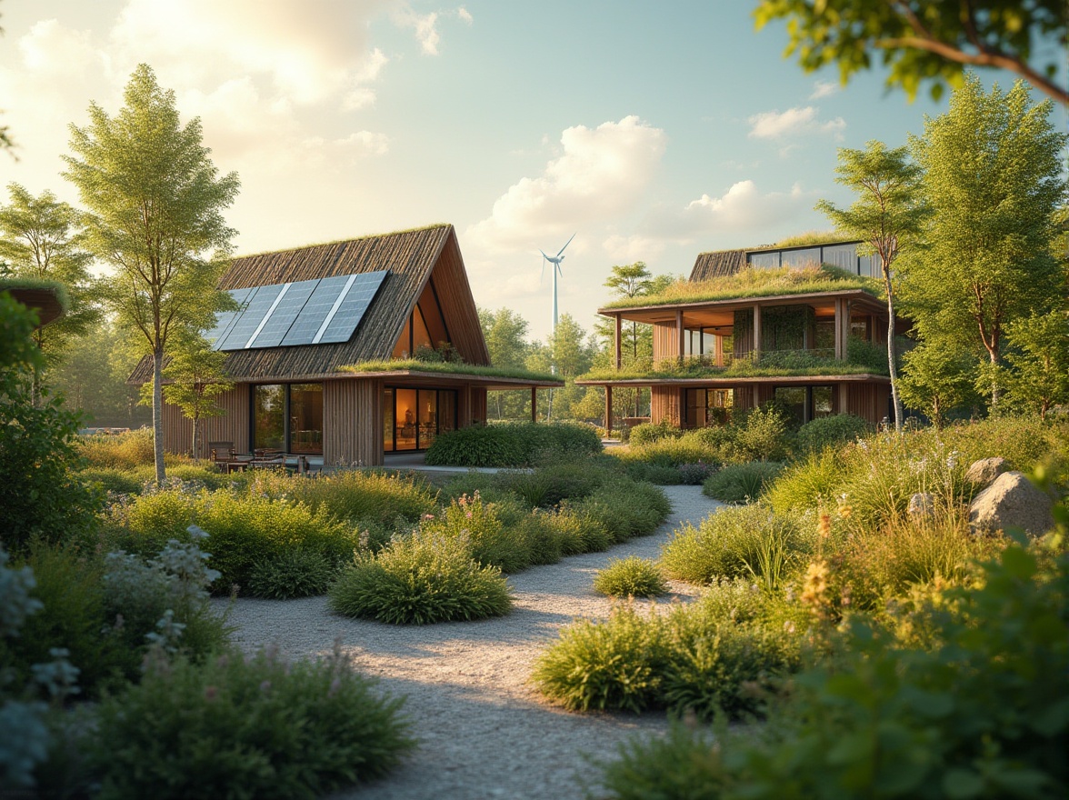 Prompt: Earthy tones, natural hues, eco-friendly architecture, green roofs, living walls, recycled materials, energy-efficient systems, solar panels, wind turbines, water conservation systems, organic textures, woven fibers, reclaimed wood, low-VOC paints, soft warm lighting, shallow depth of field, 3/4 composition, realistic textures, ambient occlusion.