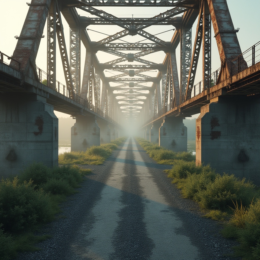 Prompt: Rustic steel bridges, weathered metal beams, reinforced concrete pillars, sturdy stone foundations, durable asphalt roads, textured gravel pathways, lush greenery surroundings, misty riverbanks, foggy morning atmosphere, soft warm lighting, shallow depth of field, 3/4 composition, realistic textures, ambient occlusion.