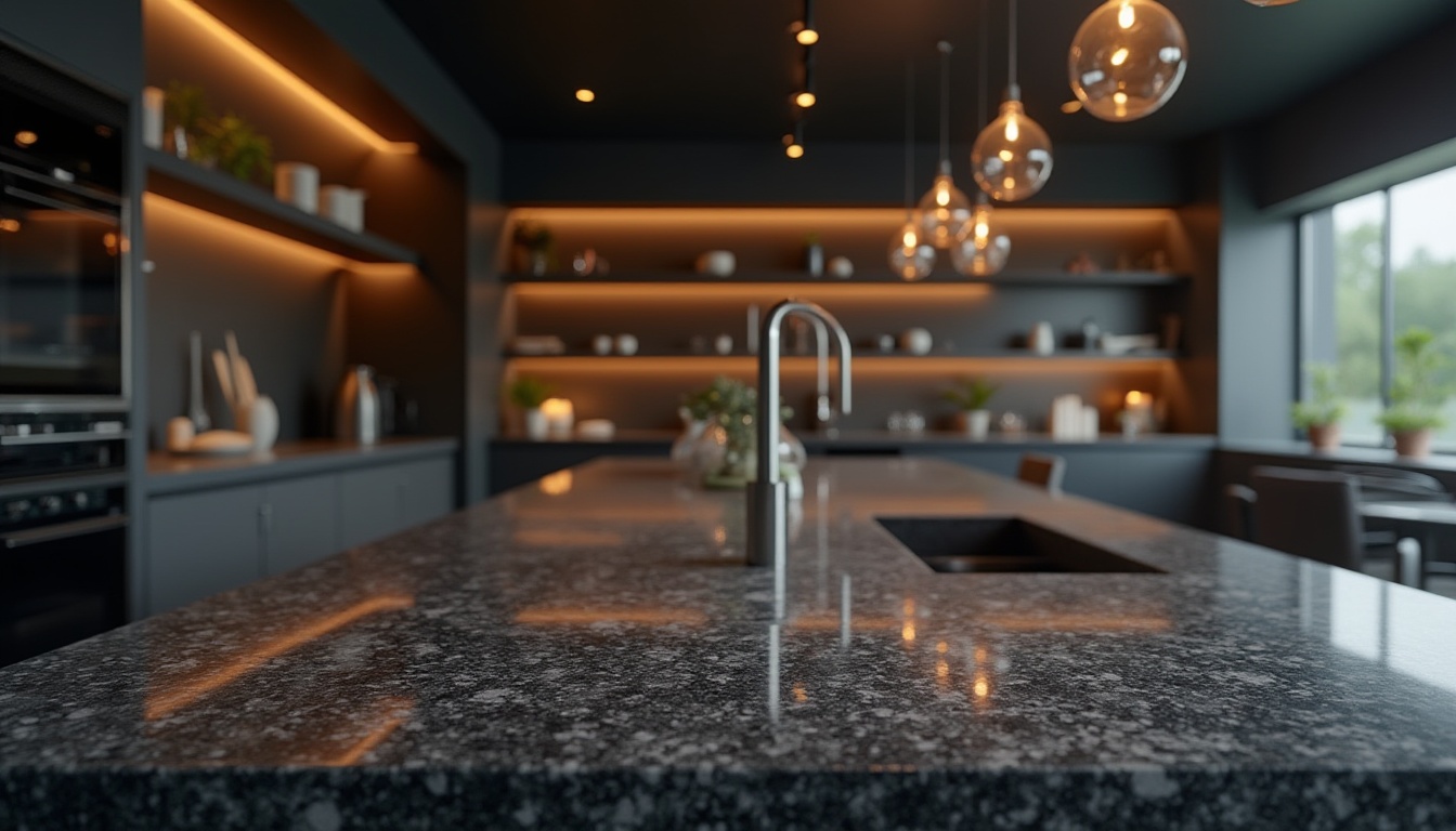 Prompt: Luxurious interior space, polished granite countertops, rich dark gray color, high-gloss finish, sophisticated modern style, sleek kitchen appliances, chrome accents, ambient warm lighting, shallow depth of field, 1/1 composition, realistic textures, subtle reflections.