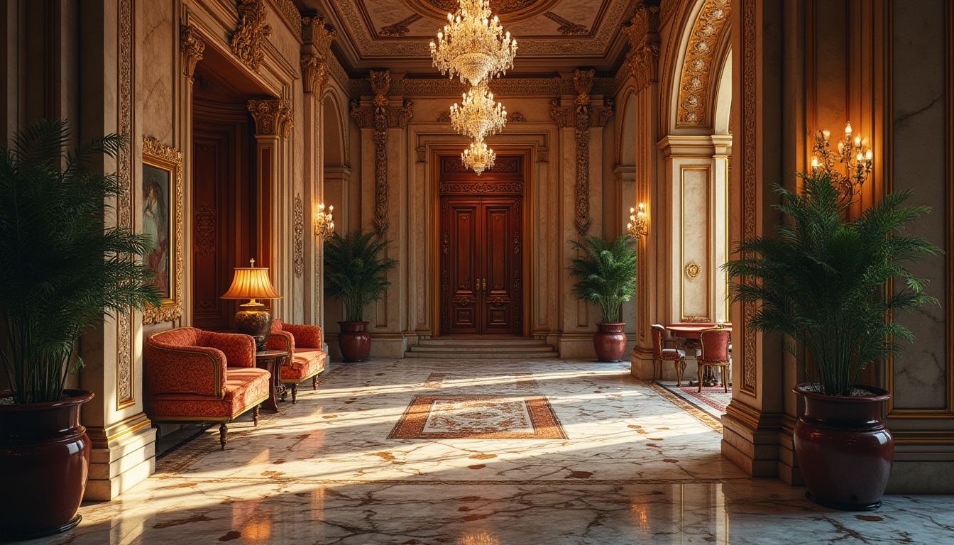 Prompt: Intricate stone carvings, ornate metalwork, grand entranceways, luxurious wooden doors, polished marble floors, crystal chandeliers, lavish furnishings, rich textiles, vibrant color schemes, dramatic lighting effects, shallow depth of field, 1/2 composition, softbox lighting, cinematic mood, highly detailed textures, ambient occlusion.