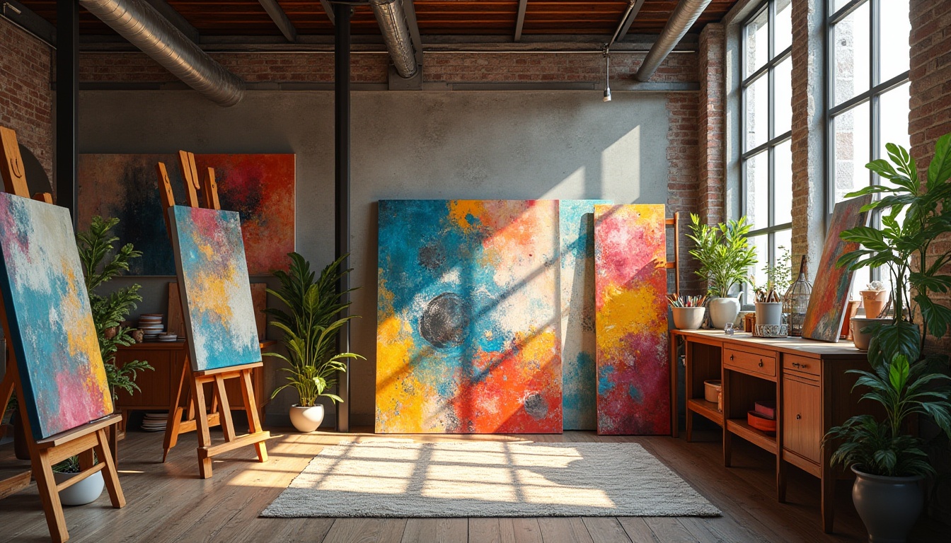 Prompt: Vibrant modern art studio, eclectic mix of colors, bold brushstrokes, abstract expressionism, textured canvases, wooden easels, artistic supplies, natural light pouring in, industrial chic decor, exposed brick walls, metal beams, reclaimed wood floors, urban loft atmosphere, warm cozy ambiance, softbox lighting, 3/4 composition, realistic textures, ambient occlusion.