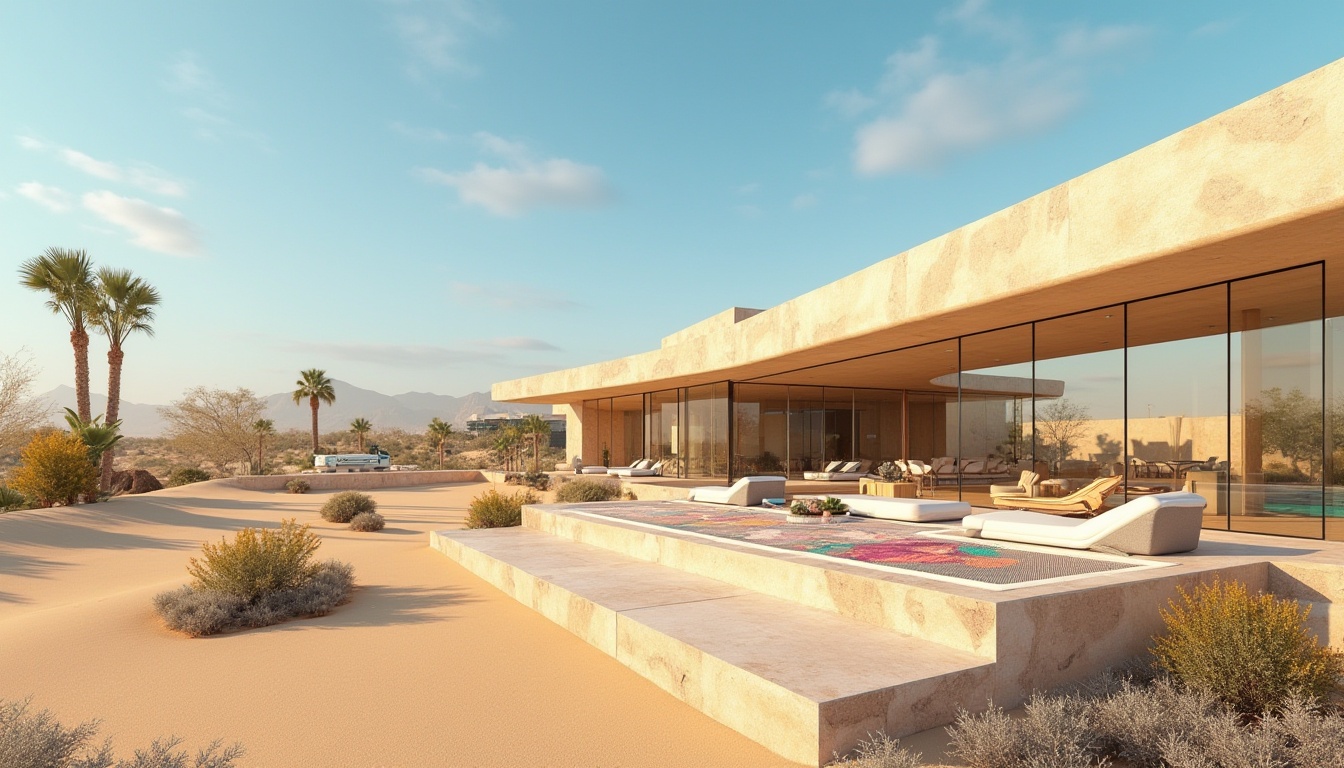 Prompt: Vibrant modern architecture, sleek metallic accents, warm beige stone walls, large glass windows, minimalistic design, innovative materials, sustainable energy solutions, natural light, soft ambient occlusion, 3/4 composition, panoramic view, realistic textures, desert landscape, sandy dunes, cactus plants, hot sunny day, clear blue sky, vast open space, Arabic-inspired patterns, vibrant colorful textiles, intricate geometric motifs.Please let me know if this meets your requirements!