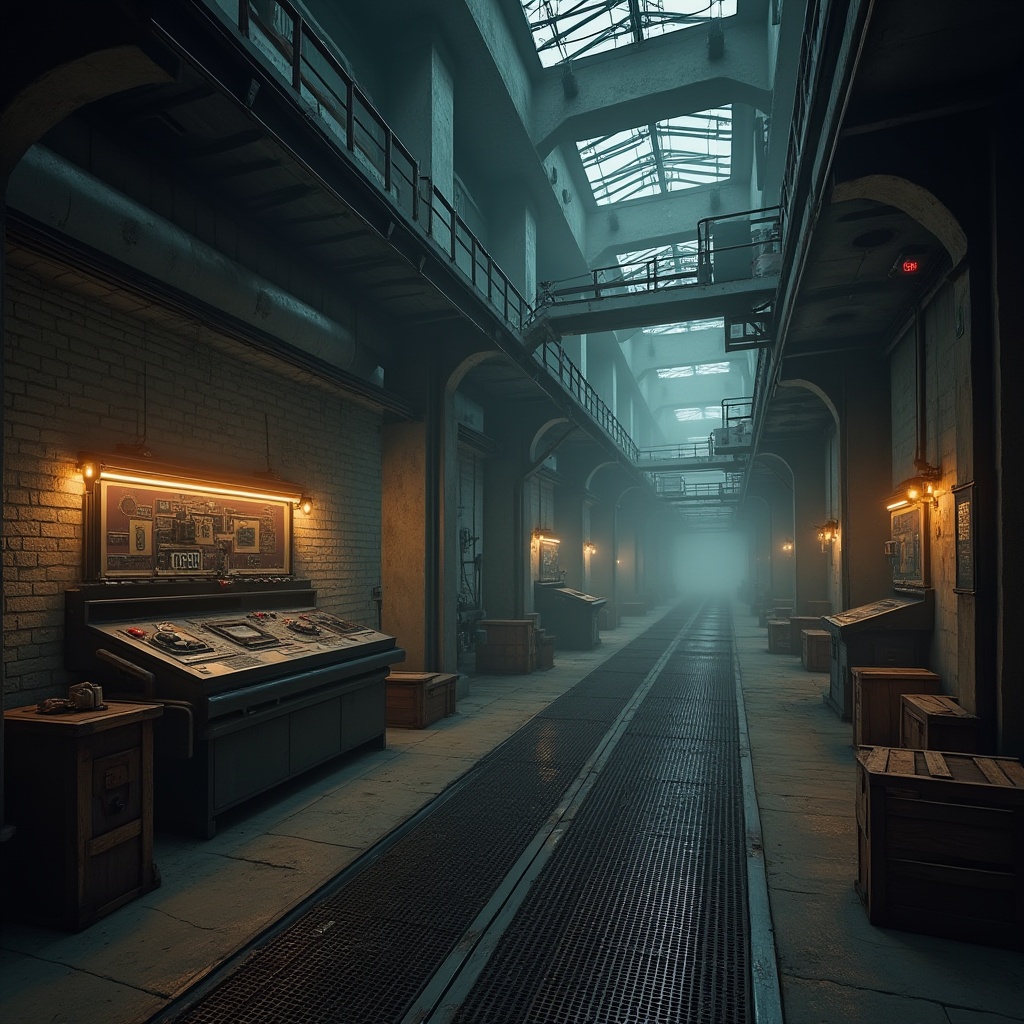 Prompt: Industrial warehouse, distressed concrete walls, exposed metal beams, rusty pipes, worn wooden crates, metallic machinery, neon lights, futuristic control panels, high-tech gadgetry, steel catwalks, grated flooring, urban cityscape, foggy atmosphere, moody lighting, shallow depth of field, 1/1 composition, realistic textures, ambient occlusion.