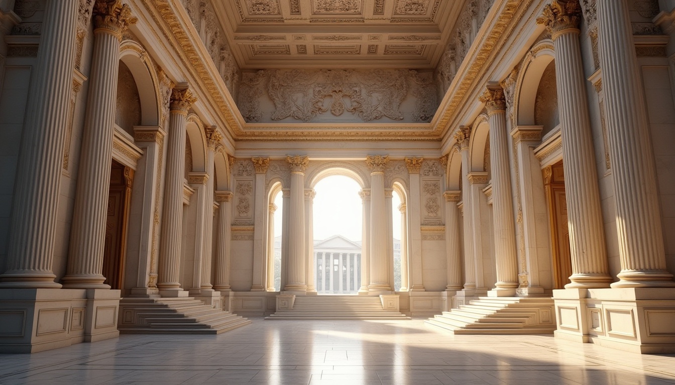 Prompt: Grandiose government building, Corinthian columns, ornate capitals, carved marble details, gilded ornaments, intricate moldings, rusticated bases, polished stone floors, sweeping staircases, vaulted ceilings, grand entrance halls, ceremonial spaces, symmetrical facades, imposing scale, classical proportions, subtle color palette, soft warm lighting, high contrast shadows, 1/2 composition, low-angle shot, realistic textures, ambient occlusion.