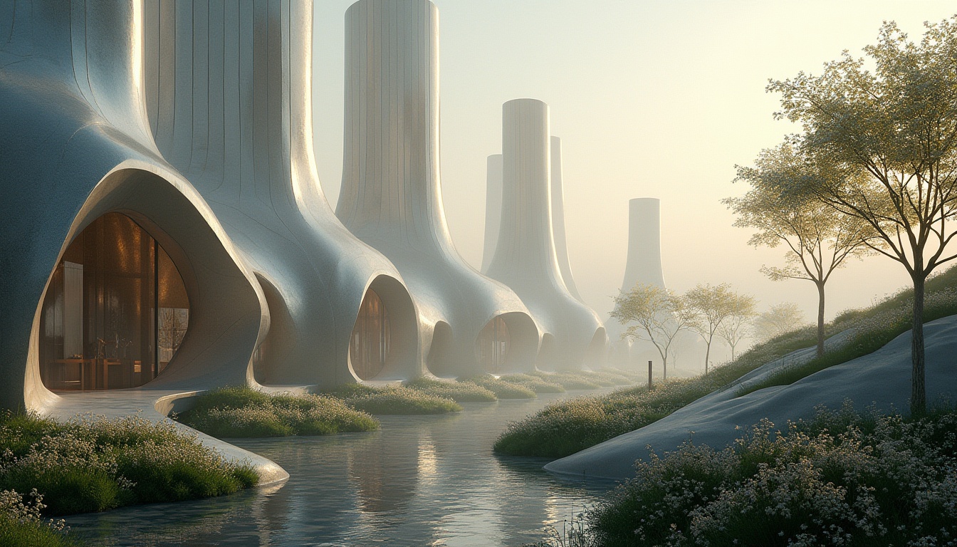 Prompt: Undulating curves, flowing lines, organic shapes, futuristic buildings, iridescent glass fa\u00e7ades, shimmering metallic surfaces, soft warm lighting, atmospheric mist, lush greenery, blooming flowers, serene atmosphere, 3/4 composition, shallow depth of field, panoramic view, realistic textures, ambient occlusion.