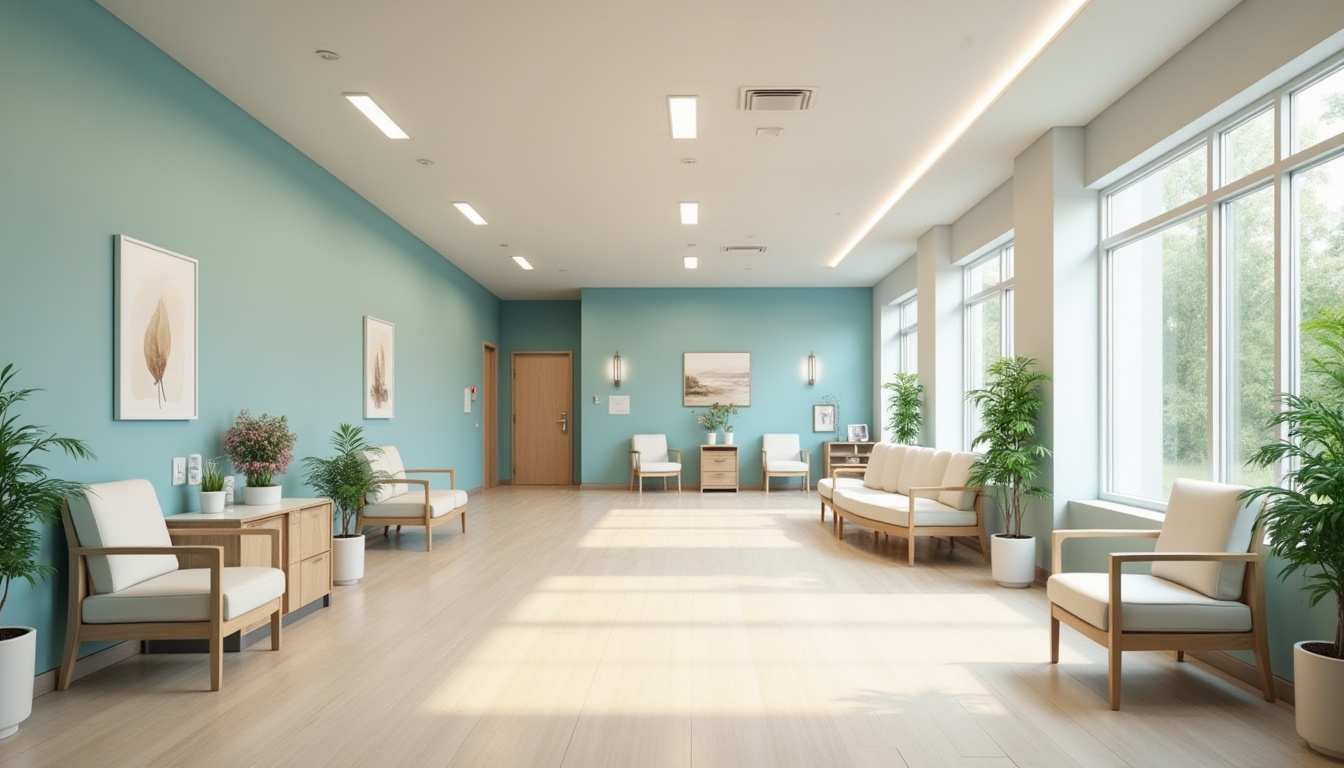 Prompt: Calming healthcare facility, soothing color scheme, pale blue walls, creamy white furniture, natural wood accents, warm beige floors, gentle greenery, soft indirect lighting, comfortable waiting areas, ergonomic chairs, minimalist decor, subtle branding elements, serene atmosphere, noise reduction materials, acoustic ceilings, calming artwork, nature-inspired patterns, organic textures, earthy tones, inviting corridors, wayfinding signage, accessible design, patient-centric layout.