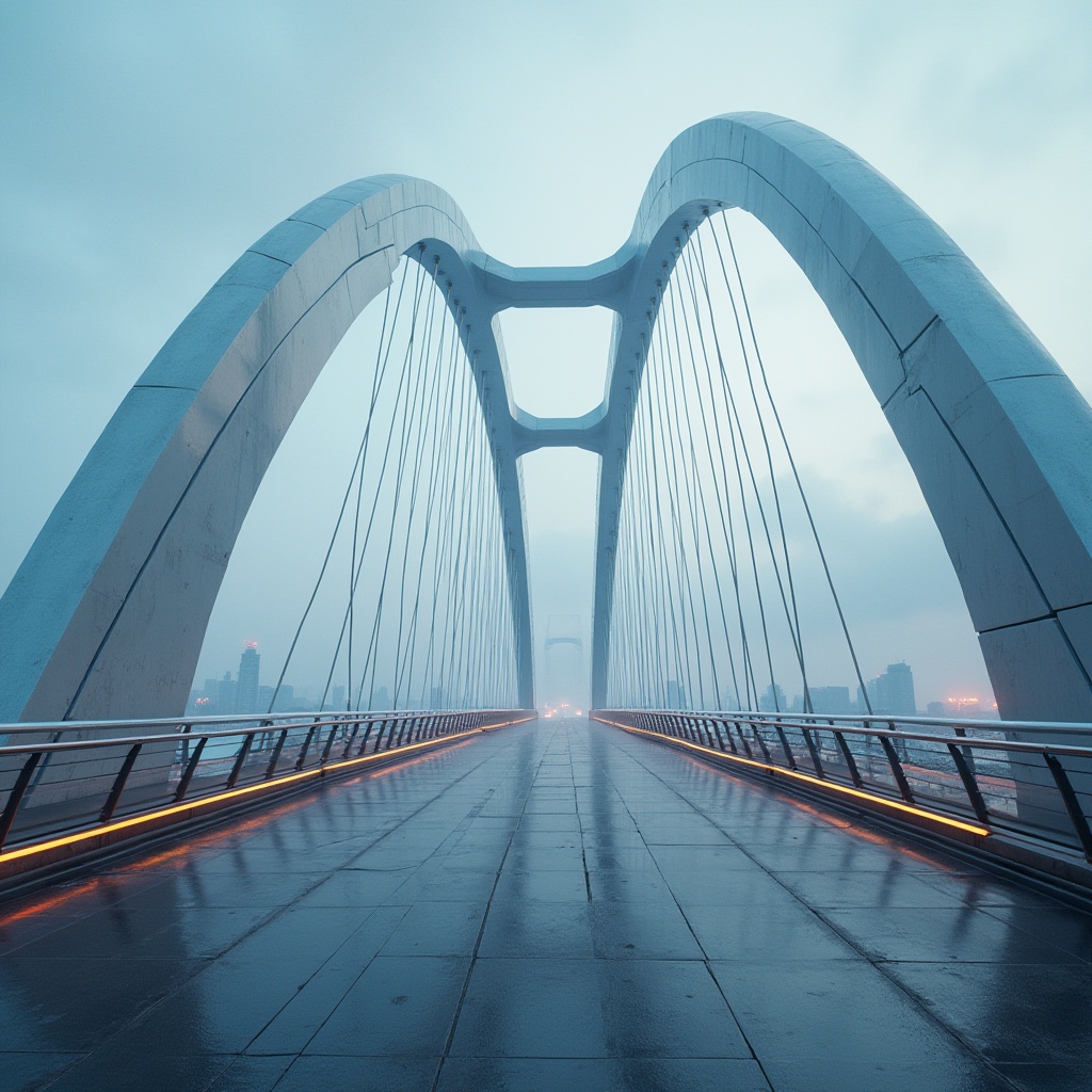 Prompt: Futuristic high-tech bridge, sleek metallic arches, suspension cables, cantilevered decks, gleaming steel beams, minimalist piers, angular support columns, dynamic lighting systems, LED strips, neon accents, reflective glass railings, polished concrete roadways, urban cityscape background, misty atmospheric conditions, shallow depth of field, 1/2 composition, low-angle view, realistic reflections, ambient occlusion.