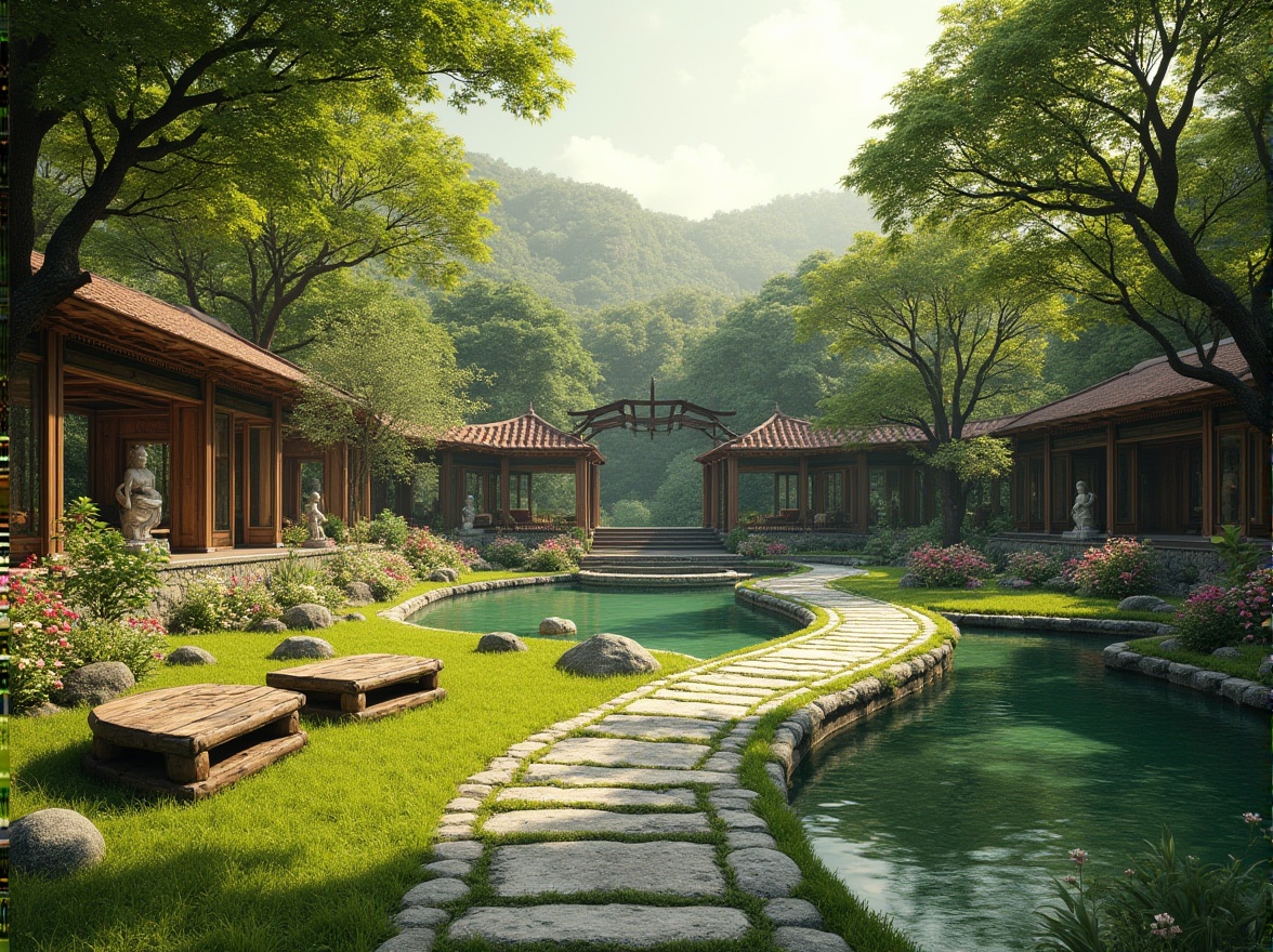 Prompt: Serenely curved pathways, lush green lawns, vibrant flower beds, tranquil water features, natural stone benches, rustic wooden bridges, meandering streams, majestic trees, soft warm lighting, shallow depth of field, 3/4 composition, panoramic view, realistic textures, ambient occlusion, peaceful ambiance, spiritual sanctuaries, meditation gardens, yoga spaces, outdoor shrines, statues of deities, intricately carved wooden gates, harmonious blend of nature and architecture.