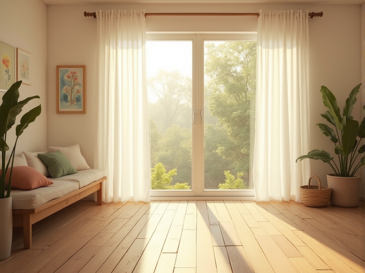 Prompt: Vibrant sunlit room, floor-to-ceiling windows, sheer white curtains, wooden flooring, minimal decor, natural textiles, earthy color palette, warm beige tones, gentle morning light, soft shadows, 1/1 composition, shallow depth of field, realistic textures, ambient occlusion.