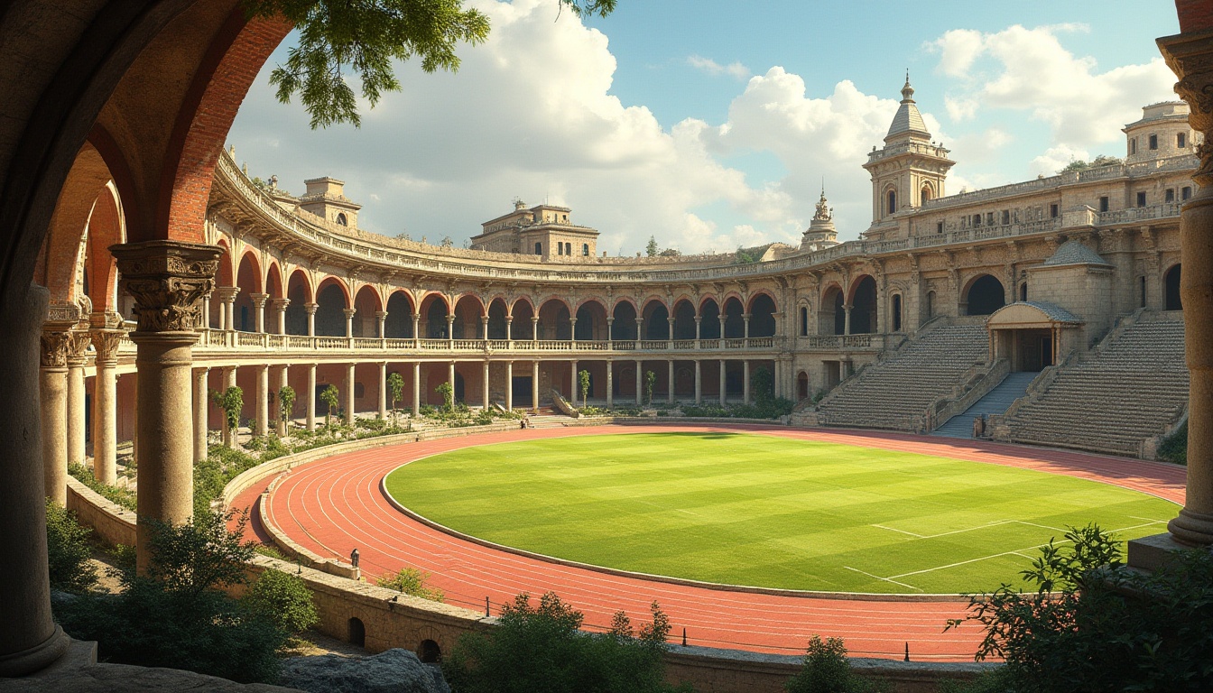 Prompt: Rustic sports complex, Romanesque arches, ornate stone carvings, vibrant green turf, athletic track, stadium seating, vintage scoreboard, ancient-inspired columns, warm beige stonework, earthy red brick accents, natural stone walls, grand entrance gates, classical sculptures, lush landscaping, sunny afternoon, soft warm lighting, shallow depth of field, 3/4 composition, panoramic view, realistic textures, ambient occlusion.