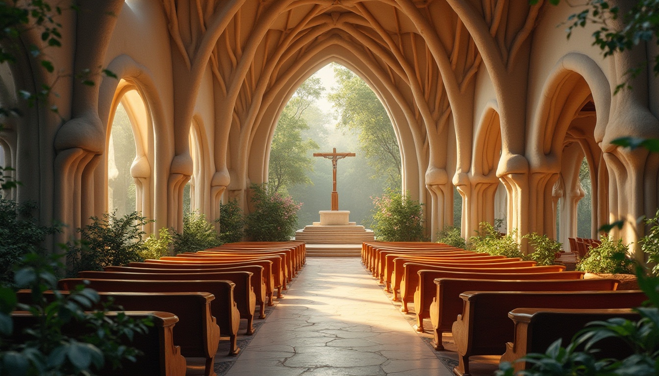 Prompt: Whimsical church interior, undulating wooden pews, flowing stone archways, stained glass windows, intricate organic patterns, soft warm lighting, atmospheric ambiance, rustic natural materials, earthy tones, curved lines, free-form sculptures, abstract mosaics, lush greenery, blooming flowers, serene atmosphere, peaceful ambiance, shallow depth of field, 3/4 composition, panoramic view, realistic textures, ambient occlusion.