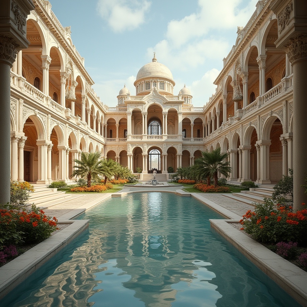 Prompt: Grandiose buildings, symmetrical facades, ornate details, majestic columns, arches, domes, precise geometry, harmonious proportions, balance composition, central axis, radial symmetry, reflective pools, manicured gardens, vibrant flowers, natural stone flooring, grand staircases, luxurious chandeliers, soft warm lighting, shallow depth of field, 1/1 composition, panoramic view, realistic textures, ambient occlusion.