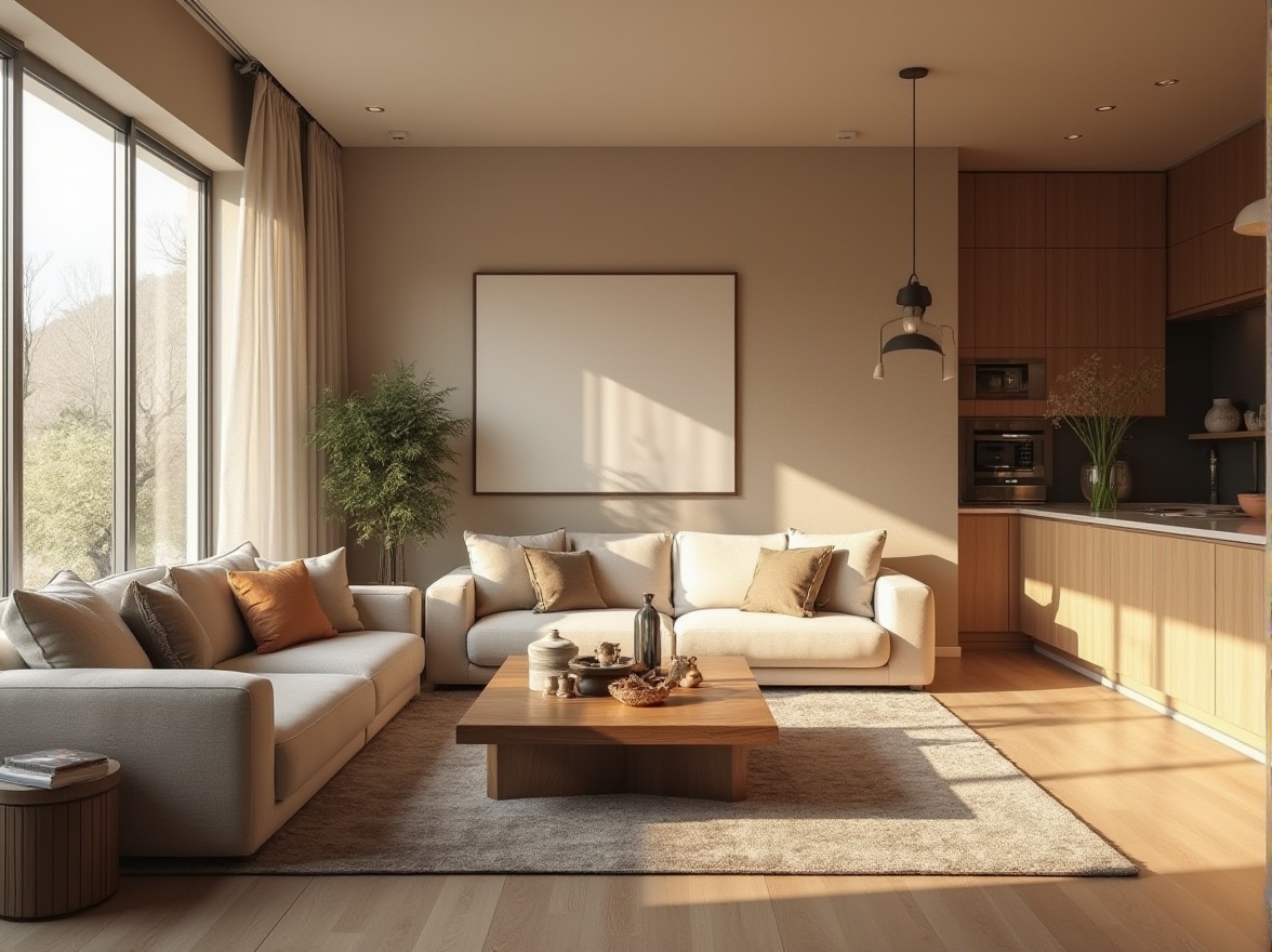 Prompt: Cozy living room, minimalist decor, comfortable seating area, plush sofas, wooden coffee table, floor-to-ceiling windows, natural light, soft beige walls, warm earthy tones, modern open-plan layout, functional storage solutions, sleek cabinets, metallic hardware, ambient lighting, 3/4 composition, shallow depth of field, realistic textures, warm color palette, inviting atmosphere.