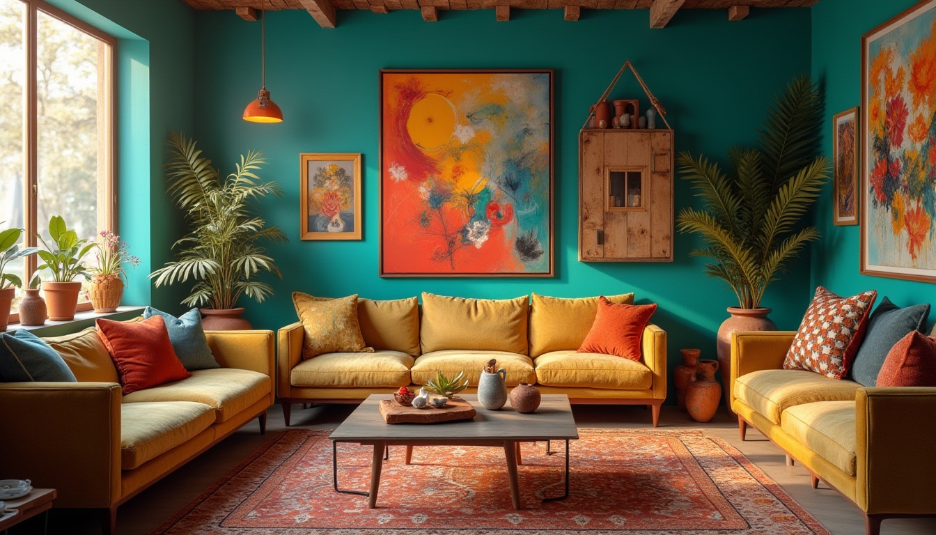 Prompt: Vibrant art studio, eclectic furniture, abstract artwork, rich turquoise walls, warm golden lighting, plush velvet sofas, natural wood accents, geometric patterns, bold brushstrokes, textured fabrics, earthy terracotta vases, whimsical decorative objects, atmospheric misting, shallow depth of field, 1/1 composition, soft focus, realistic rendering.