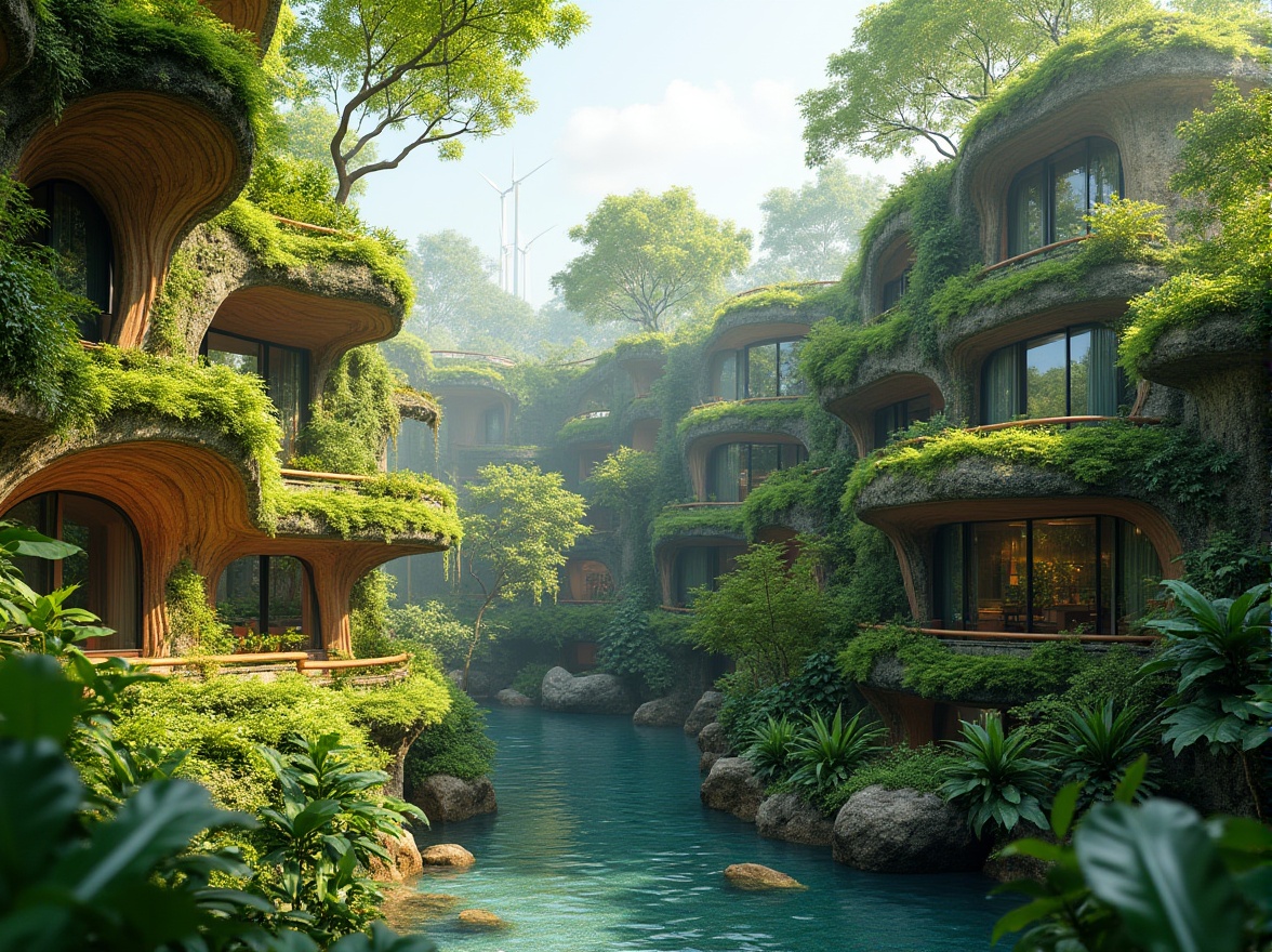 Prompt: Vibrant green roofs, lush vegetation walls, organic curves, biomimetic structures, natural stone facades, recycled materials, energy-efficient systems, solar panels, wind turbines, rainwater harvesting, living walls, greenhouses, botanical gardens, serene water features, misting systems, warm lighting, shallow depth of field, 3/4 composition, panoramic view, realistic textures, ambient occlusion.