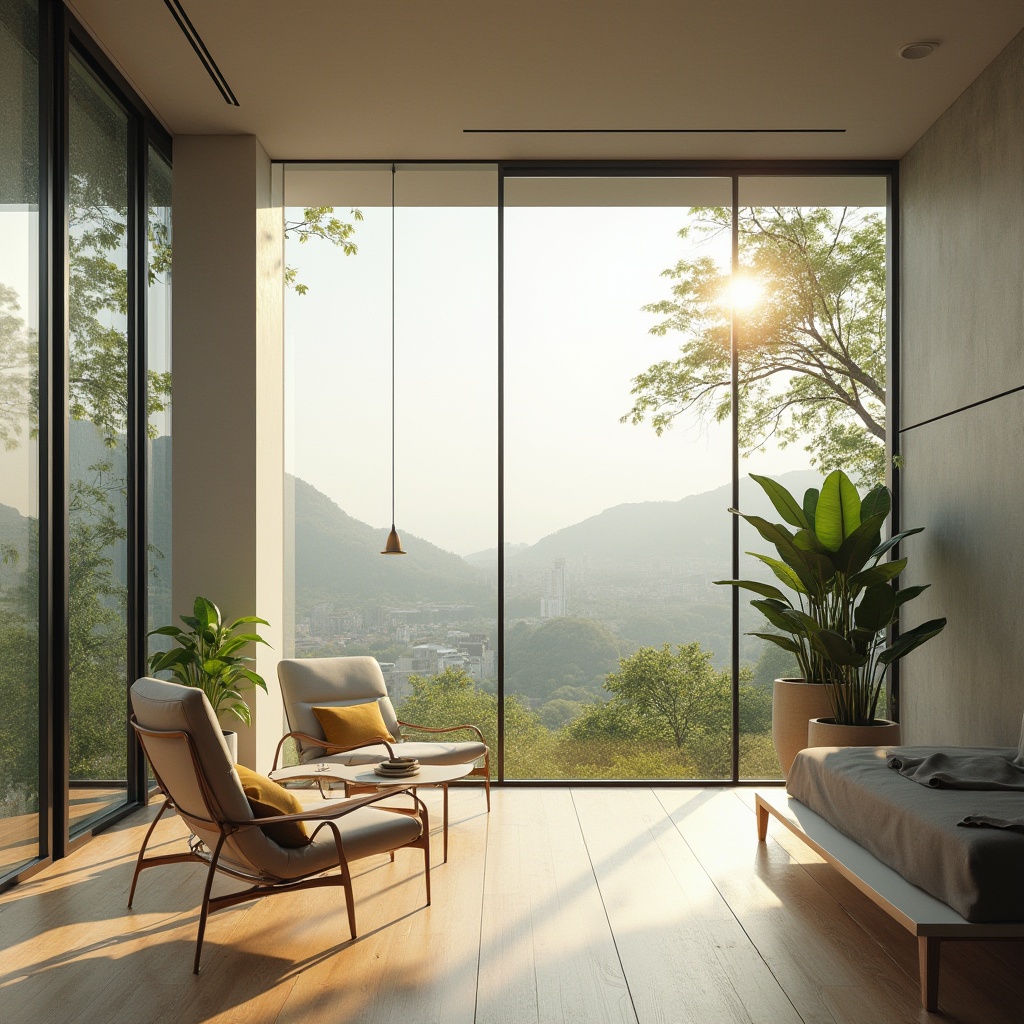 Prompt: Minimalist interior design, floor-to-ceiling windows, transparent glass walls, natural light pouring in, wooden floors, sleek lines, modern furniture, greenery views, cityscape backdrop, soft warm lighting, shallow depth of field, 1/1 composition, realistic textures, ambient occlusion.