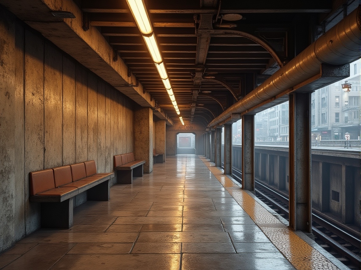 Prompt: Rustic metro station, exposed concrete walls, metallic beams, industrial-style lighting fixtures, glossy subway tiles, worn stone floors, urban cityscape, morning rush hour, soft warm lighting, shallow depth of field, 1/2 composition, realistic textures, ambient occlusion, modern brutalist architecture, functional design, raw materials, distressed finishes, industrial chic aesthetic.