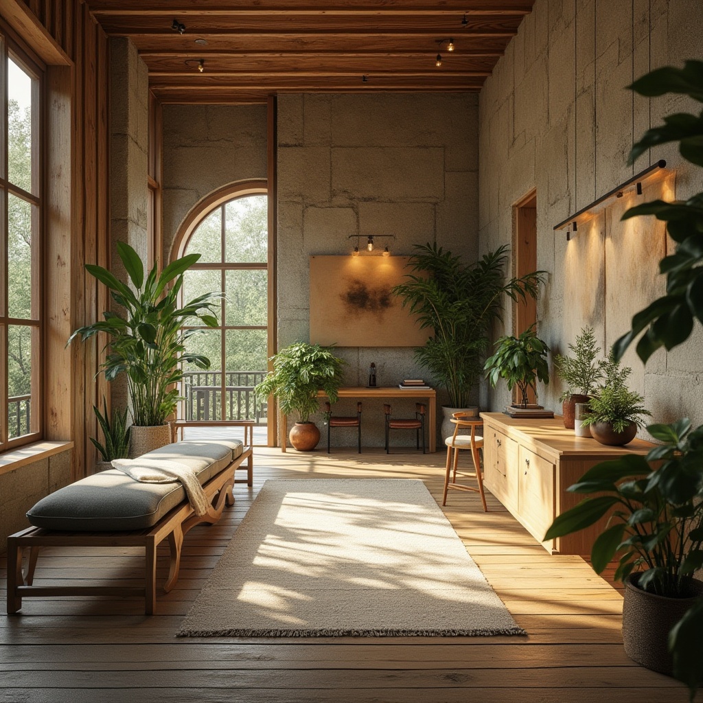 Prompt: Rustic healthcare center, natural stone walls, reclaimed wood accents, earthy color palette, lush greenery, abundant daylight, floor-to-ceiling windows, bamboo flooring, woven textiles, organic patterns, curved lines, minimalist decor, calming ambiance, soft warm lighting, shallow depth of field, 3/4 composition, realistic textures, ambient occlusion.