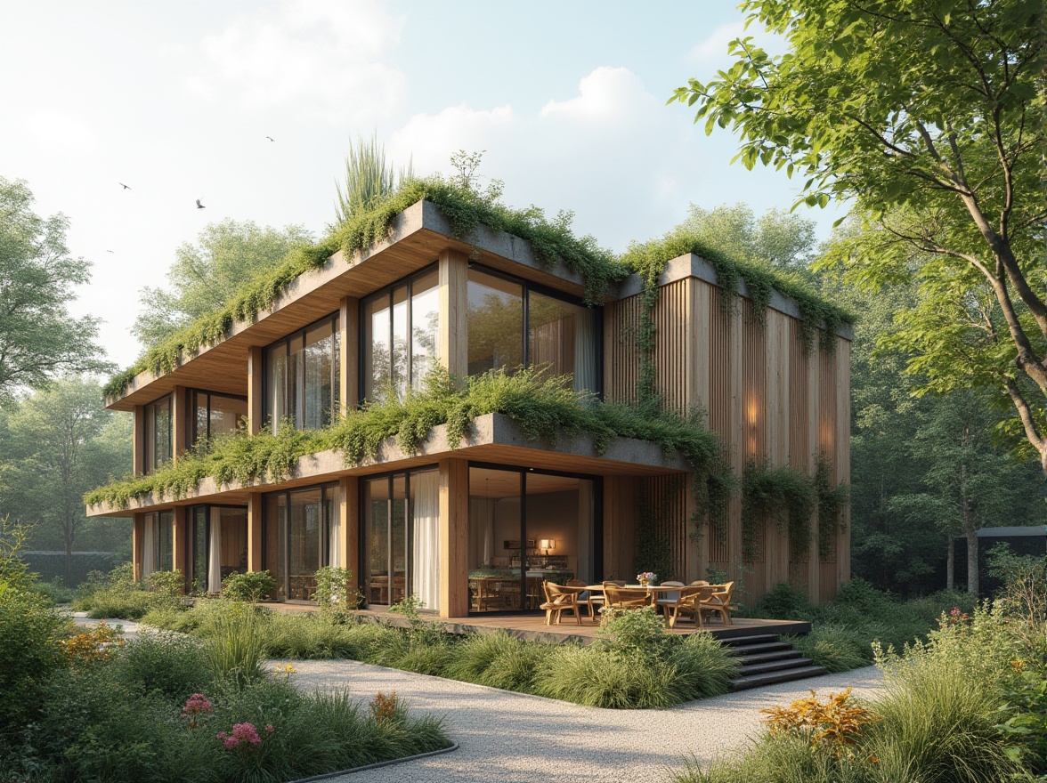 Prompt: Eco-friendly building, natural materials, reclaimed wood, low-carbon concrete, recycled glass, sustainable steel, bamboo facades, green roofs, living walls, solar panels, wind turbines, rainwater harvesting systems, grey water reuse, energy-efficient windows, double glazing, thermal insulation, minimalist design, organic textures, earthy color palette, abundant natural light, airy open spaces, passive ventilation systems, zero-waste construction, circular economy principles.