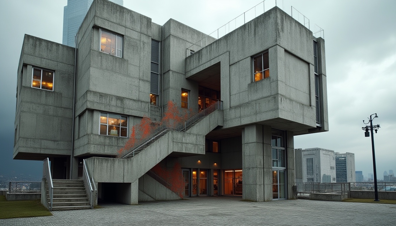 Prompt: Raw concrete textures, brutalist architecture, research center facade, angular geometric shapes, industrial-style metal frames, minimalist windows, imposing cantilevered structures, rugged stone walls, dramatic staircase designs, exposed ductwork, functional pipe systems, bold color accents, abstract sculptures, urban cityscape background, overcast cloudy sky, high-contrast lighting, deep depth of field, 1/1 composition, cinematic view, realistic materials, ambient occlusion.