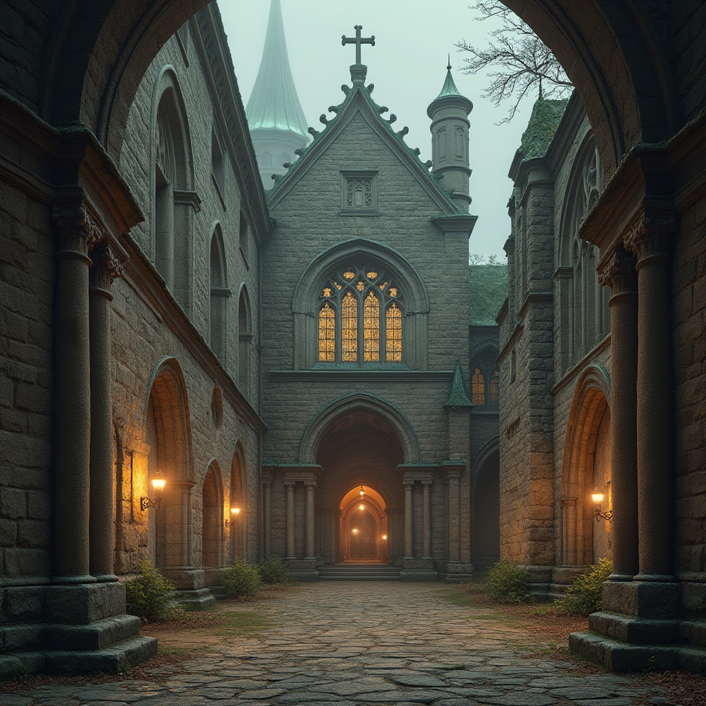 Prompt: Ancient stone church, grandiose entrance, ornate archways, ribbed vaults, stained glass windows, intricate carvings, rustic stone walls, weathered copper roofing, green patina accents, dramatic lighting, atmospheric fog, mystical ambiance, low-angle composition, symmetrical framing, warm earthy tones, rich textures, subtle grain.