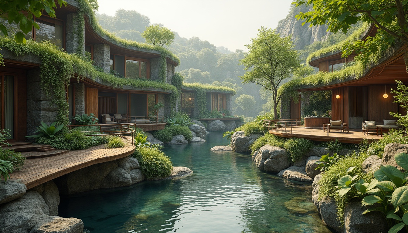 Prompt: Seamless landscape integration, organic curves, natural stone walls, lush green roofs, native plant species, serene water features, wooden decks, rustic railings, weathered wood textures, earthy color palette, warm soft lighting, gentle misting systems, 1/1 composition, intimate scale, realistic foliage, ambient occlusion.