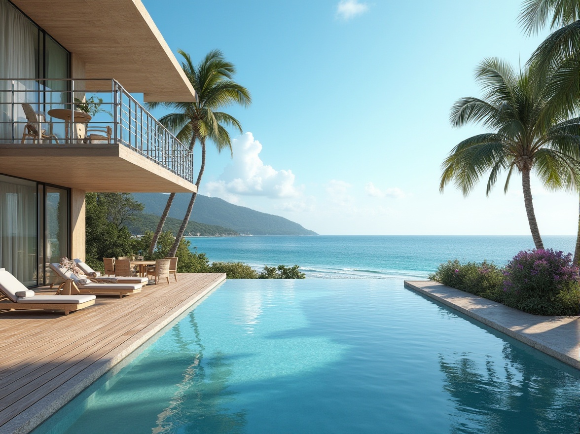 Prompt: Navy blue accents, sandy textures, beachside resort, luxury villa, ocean views, infinity pool, wooden decking, rattan furniture, coastal landscape, clear blue sky, warm sunlight, soft gentle breeze, shallow depth of field, 1/2 composition, realistic renderings, ambient occlusion.