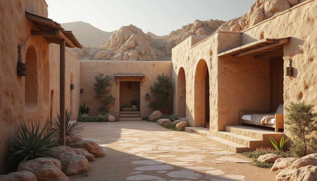 Prompt: Lavacrete walls, rustic stone texture, earthy color palette, natural rock formations, rugged landscape, serene ambiance, warm soft lighting, shallow depth of field, 3/4 composition, realistic textures, ambient occlusion, Mediterranean-inspired architecture, modern minimalist design, eco-friendly materials, sustainable building practices.