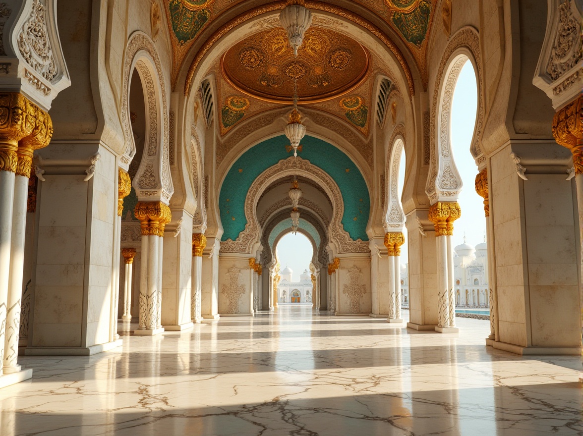 Prompt: Intricate mosaics, golden domes, ornate archways, cream-colored limestone walls, polished marble floors, vibrant turquoise accents, rich velvet textiles, ornamental metalwork, grandiose chandeliers, majestic columns, subtle texture variations, warm ambient lighting, soft focus blur, 1/1 composition, realistic material reflections, detailed architectural ornaments.