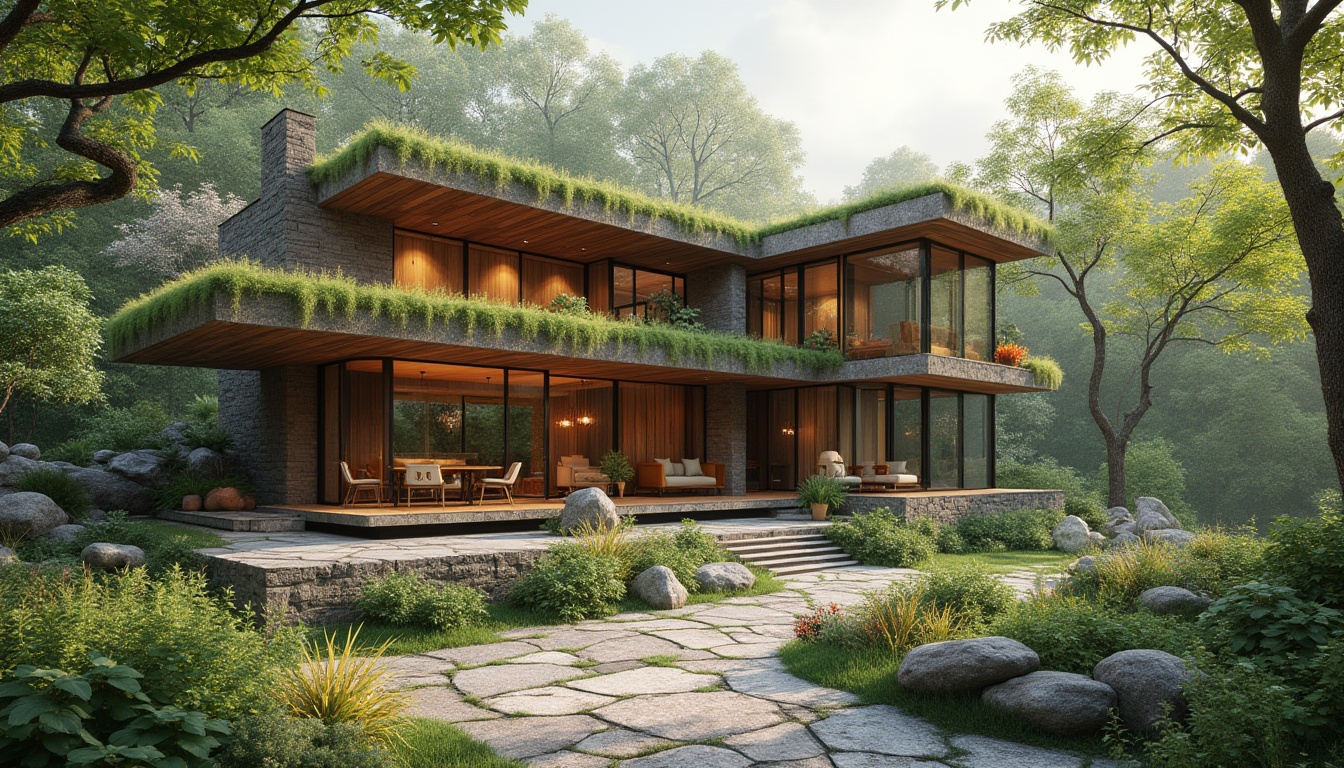 Prompt: Eco-friendly building, reclaimed wood accents, natural stone walls, living green roofs, solar panels, rainwater harvesting systems, low-VOC paints, recycled glass tiles, bamboo flooring, cork insulation, aluminum frames, double-glazed windows, thermal mass materials, passive house design, minimalist decor, earthy color palette, soft diffused lighting, shallow depth of field, 1/1 composition, realistic textures, ambient occlusion.