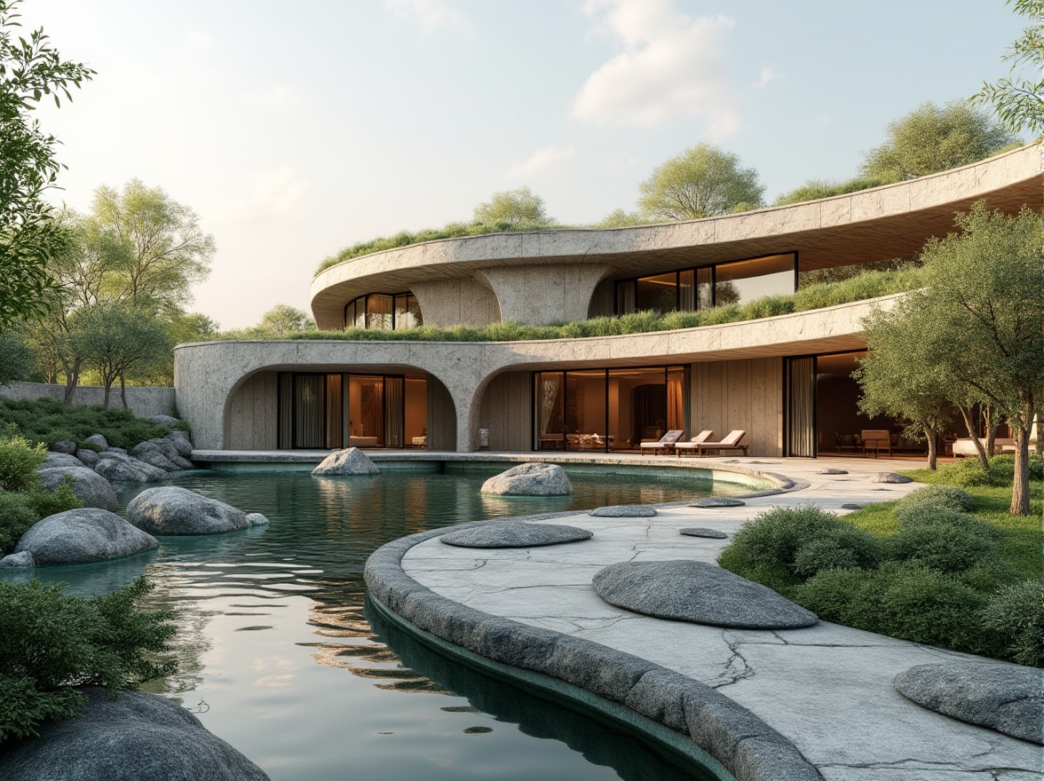 Prompt: Curved facade, natural stone cladding, large windows, green roofs, modern minimalist architecture, calming water features, serene landscaping, wheelchair-accessible ramps, automatic sliding doors, eco-friendly materials, energy-efficient systems, soft warm lighting, shallow depth of field, 1/1 composition, realistic textures, ambient occlusion.