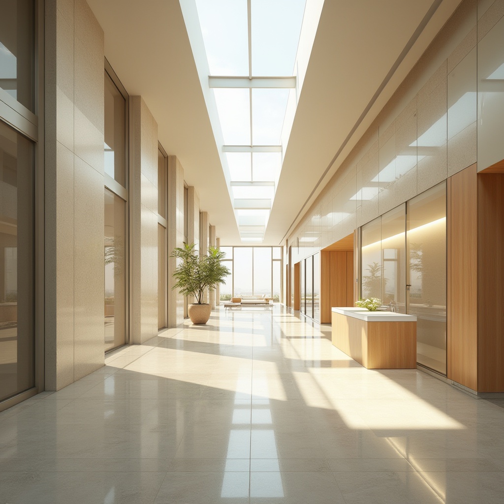 Prompt: Spacious hospital corridors, large windows, clerestory roofs, skylights, transparent glass walls, minimalist design, reflective surfaces, natural stone floors, wooden accents, warm beige tones, soft diffused lighting, indirect sunlight, solar tubes, LED light therapy, ambient occlusion, 3/4 composition, shallow depth of field, panoramic view, realistic textures.