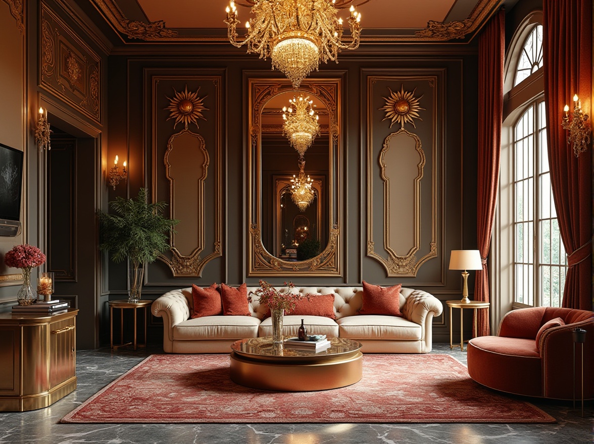 Prompt: Luxurious living room, opulent furnishings, metallic accents, geometric patterns, ornate mirrors, lavish chandeliers, rich velvet fabrics, bold color schemes, high-gloss finishes, curved lines, sunburst motifs, intricate inlays, marble floors, dramatic drapery, lavish textiles, statement lighting fixtures, ornate metalwork, luxurious rugs, vintage decor pieces, 1920s-inspired aesthetic, glamorous ambiance, soft warm glow, shallow depth of field, 1/1 composition, realistic textures, ambient occlusion.