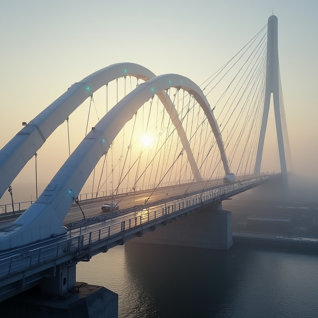 Prompt: Sleek modern bridge, curved lines, silver metallic structures, cable-stayed suspension, LED lighting systems, cool blue accents, misty morning fog, urban cityscape, concrete piers, steel beams, industrial textures, minimalist design, functional architecture, warm golden lighting, low-angle sunlight, dramatic shadows, 1/2 composition, atmospheric perspective.