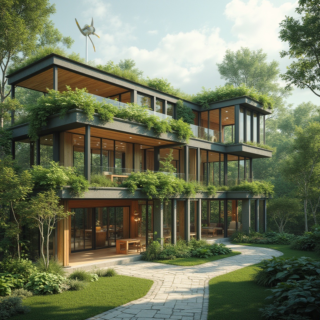 Prompt: Eco-friendly building integration, lush green roofs, solar panels, wind turbines, rainwater harvesting systems, grey water reuse, green walls, living fa\u00e7ades, bamboo flooring, reclaimed wood accents, natural ventilation systems, clerestory windows, skylights, abundance of daylight, soft diffused lighting, 1/1 composition, symmetrical balance, modern minimalist design, sleek metal frames, large overhangs, shaded outdoor spaces, misting systems, organic shapes, earthy tones, serene ambiance.