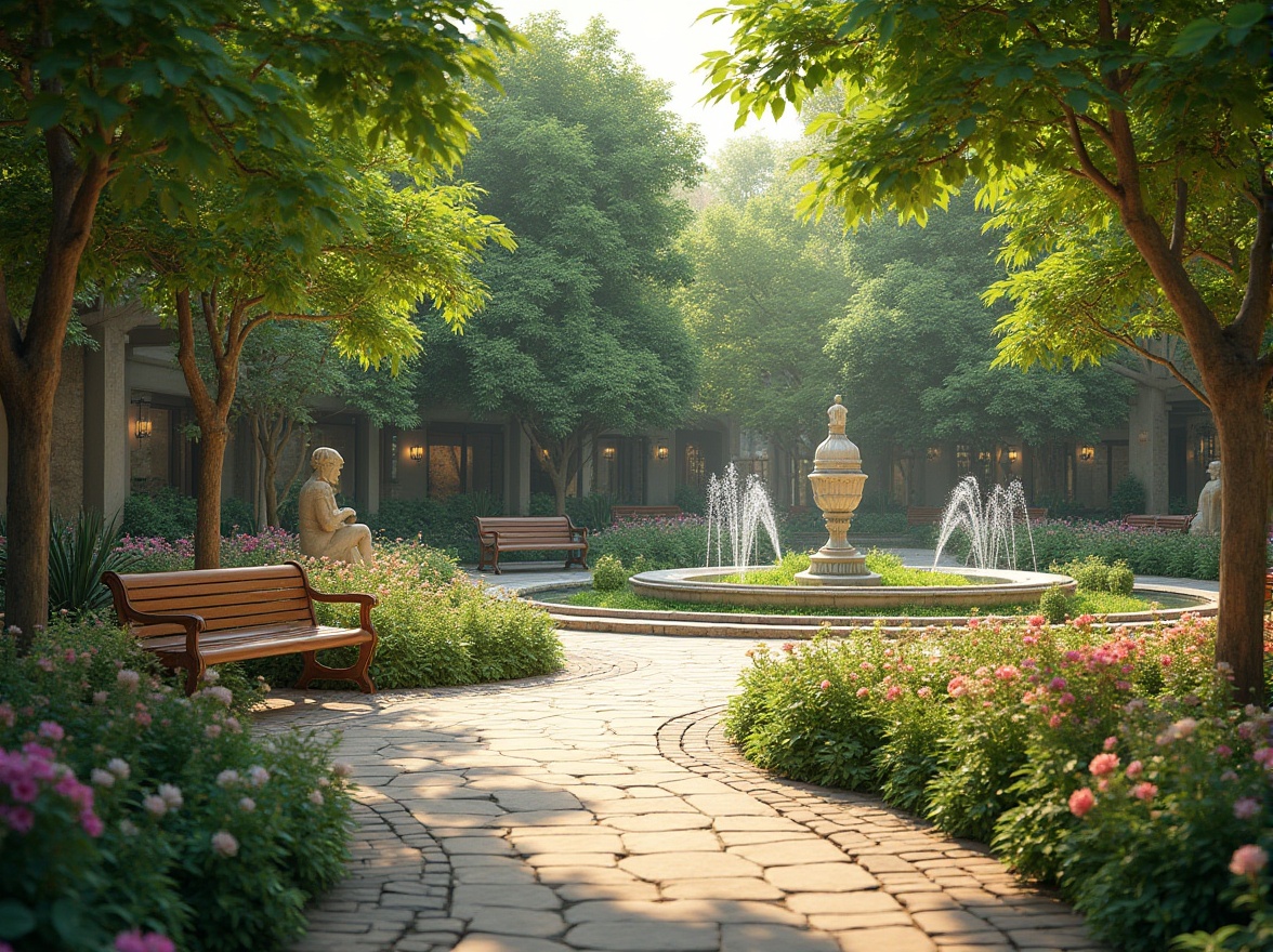 Prompt: Serene gardens, lush greenery, vibrant flowers, curved pathways, ornate fountains, natural stone walls, wooden benches, artistic sculptures, modern outdoor lighting, ambient misting systems, warm sunny day, soft diffused light, shallow depth of field, 3/4 composition, panoramic view, realistic textures, ambient occlusion.