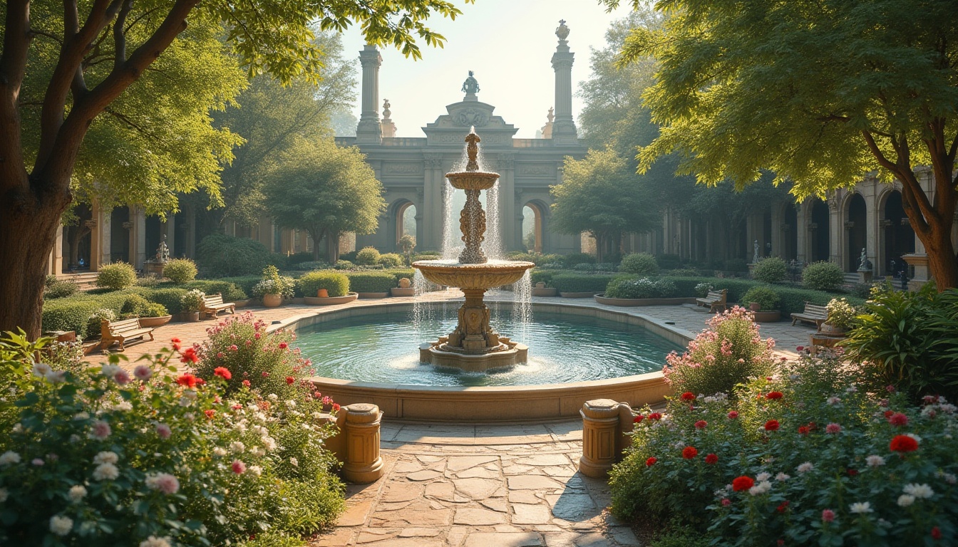 Prompt: Grandiose fountain, ornate statues, lush greenery, vibrant flowers, meandering pathways, natural stone walkways, rustic benches, classical columns, symmetrical architecture, elegant balustrades, refined ironwork, tranquil ponds, serene atmosphere, soft warm lighting, shallow depth of field, 1/1 composition, realistic textures, ambient occlusion.