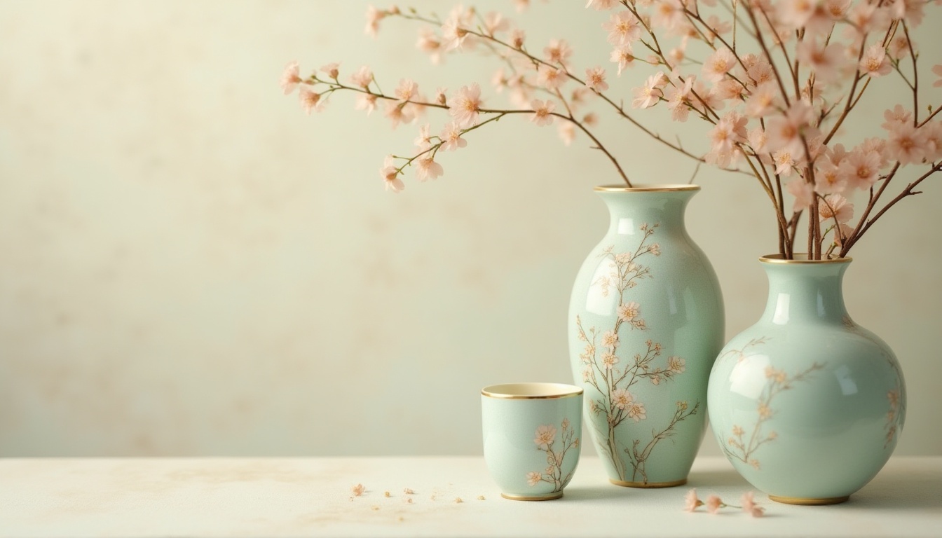 Prompt: Soft celadon hues, serene atmosphere, delicate floral patterns, gentle curves, intricate ceramic details, subtle Asian-inspired motifs, elegant vases, refined porcelain textures, warm beige backgrounds, creamy whites, pale blues, muted greens, soft golden accents, natural materials, earthy tones, harmonious color balance, 1/1 composition, shallow depth of field, realistic renderings.