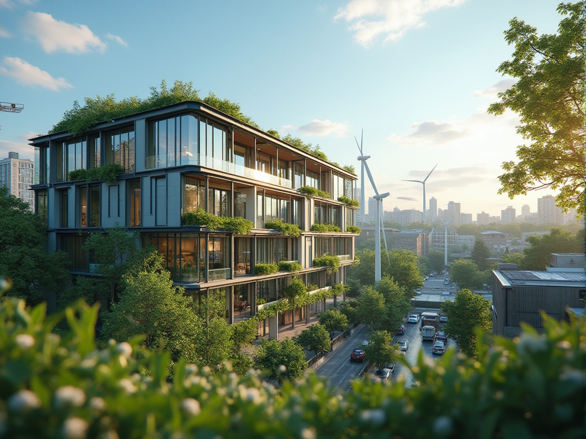 Prompt: Eco-friendly buildings, recycled materials, energy-efficient systems, green roofs, living walls, solar panels, wind turbines, rainwater harvesting, natural ventilation, minimal waste generation, low-carbon footprint, modern architecture, sleek metal frames, large windows, glass facades, urban cityscape, blue skies, warm sunlight, shallow depth of field, 1/1 composition, realistic textures, ambient occlusion.