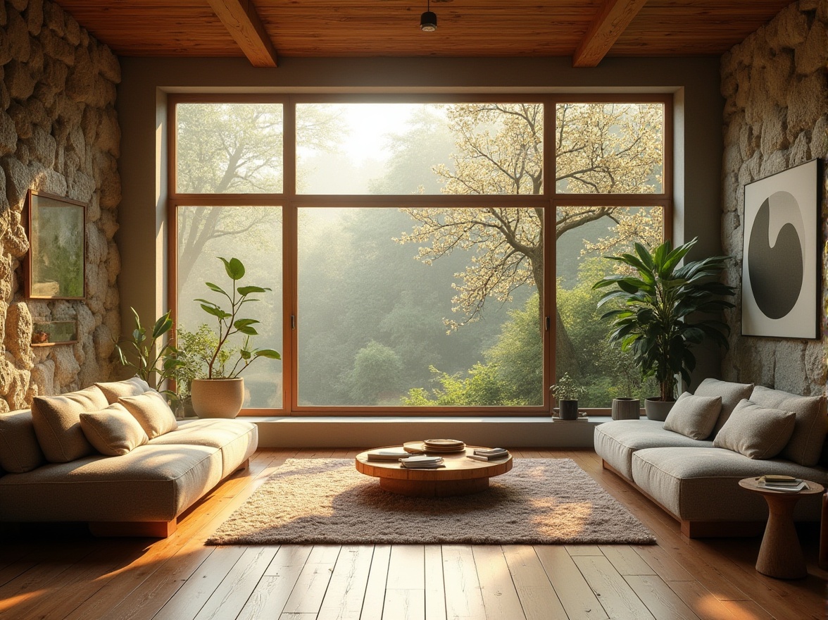 Prompt: Cozy living room, large windows, soft warm lighting, natural stone walls, wooden floors, minimalist decor, comfortable sofas, greenery views, blooming flowers, sunny day, gentle shadows, 1/1 composition, shallow depth of field, realistic textures, ambient occlusion.