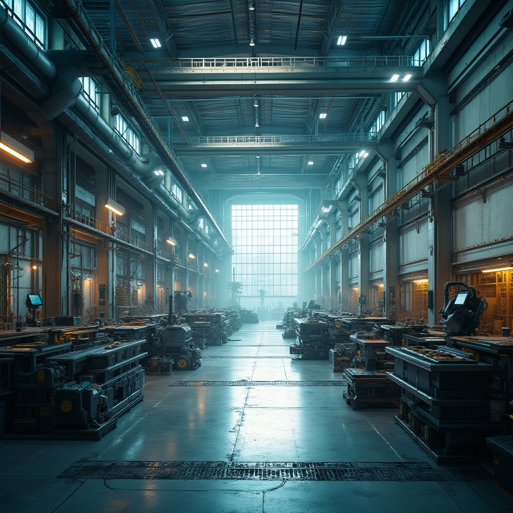 Prompt: Industrial factory, futuristic architecture, metallic structures, neon lighting, exposed ductwork, concrete floors, sleek machinery, assembly lines, robotic arms, warehouse storage, catwalks, elevated walkways, overhead cranes, minimalist decor, functional design, high ceilings, large windows, natural light, urban landscape, cityscape views, dramatic shadows, low-angle photography, cinematic atmosphere, 2.35