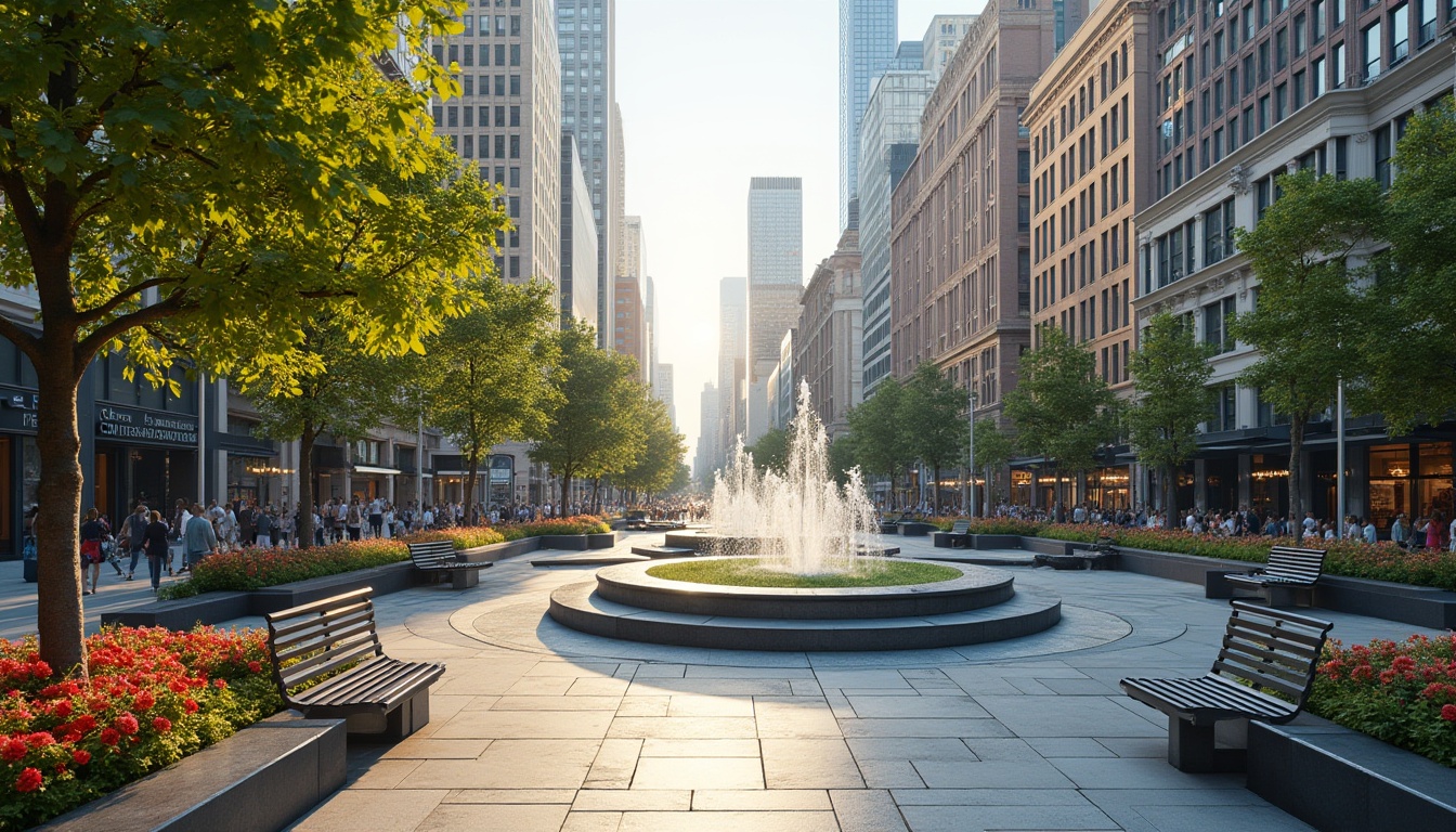 Prompt: Vibrant city square, bustling streets, pedestrian-friendly walkways, ornate fountains, lush greenery, vibrant flowers, eclectic street art, modern urban architecture, sleek metal benches, natural stone pavement, ambient lighting, shallow depth of field, 3/4 composition, panoramic view, realistic textures, ambient occlusion.