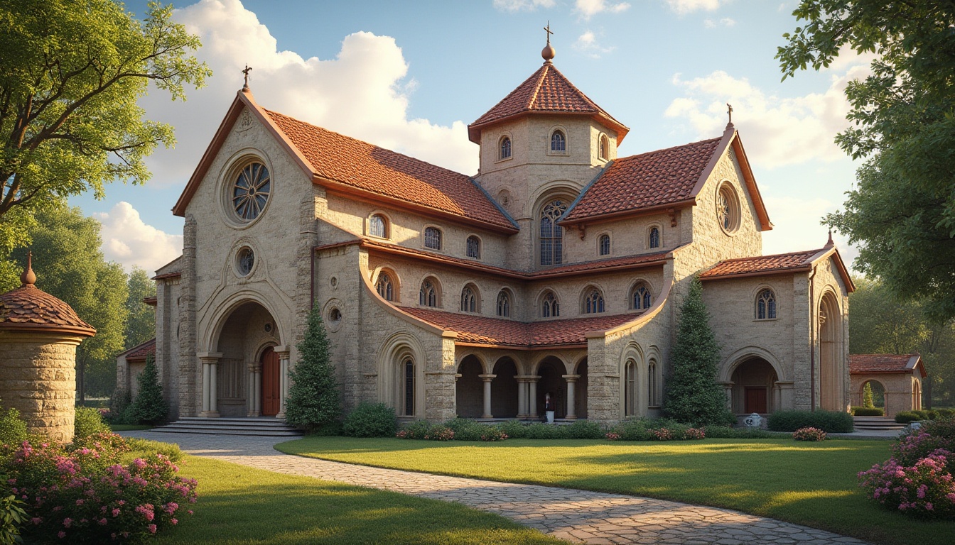 Prompt: Romanesque church, unique roof structure, curved arches, ribbed vaults, ornate carvings, Gothic-inspired details, terracotta tiles, weathered stone walls, lush greenery, blooming flowers, sunny day, soft warm lighting, shallow depth of field, 3/4 composition, panoramic view, realistic textures, ambient occlusion.