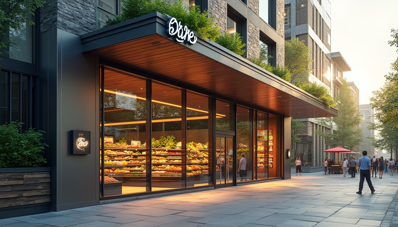 Prompt: Modern grocery store facade, sleek metal cladding, large glass windows, automatic sliding doors, vibrant color scheme, LED signage, urban cityscape, busy street scene, morning sunlight, soft warm lighting, shallow depth of field, 3/4 composition, realistic textures, ambient occlusion, geometric patterns, green roofs, eco-friendly materials, rainwater harvesting systems, natural stone walls, wood accents, minimalist design, angular lines, futuristic architecture.