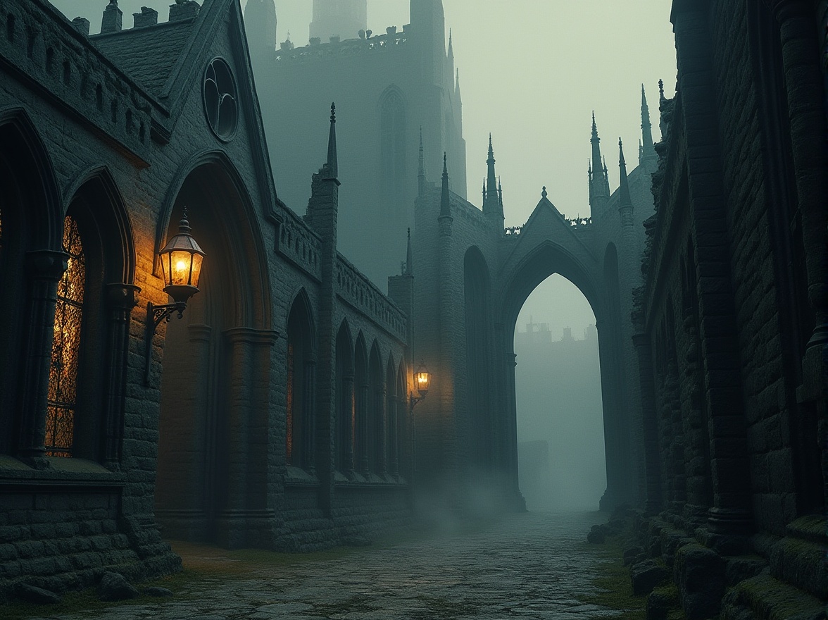 Prompt: Rugged stone walls, ornate carvings, pointed arches, ribbed vaults, flying buttresses, grandiose spires, intricate tracery, stained glass windows, mysterious ambiance, dim warm lighting, dramatic shadows, rough-hewn granite, weathered limestone, moss-covered stones, gothic ornaments, mystical symbols, eerie fog, misty atmosphere, low-key color palette, high-contrast composition, cinematic framing, detailed textures, ambient occlusion.