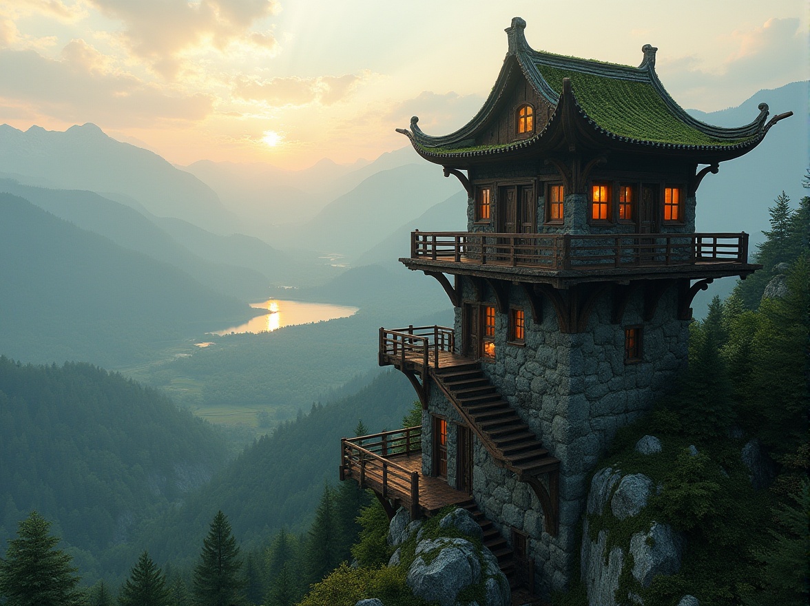 Prompt: Watchtower with panoramic views, rugged stone walls, moss-covered roofs, wooden beam structures, winding staircases, lantern-style windows, scenic lookout points, surrounding lush forests, misty mountains, rolling hills, serene lakes, dramatic skies, warm golden lighting, shallow depth of field, 3/4 composition, symmetrical framing, realistic textures, ambient occlusion.