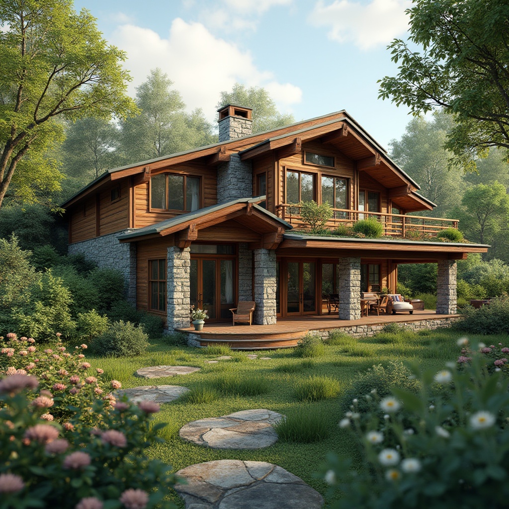 Prompt: Suburban residence, harmonious integration, natural surroundings, lush greenery, trees, flowers, curved lines, modern facade, large windows, wooden accents, stone walls, cozy porches, inviting entranceways, rustic pathways, scenic views, sunny afternoon, soft warm lighting, shallow depth of field, 3/4 composition, realistic textures, ambient occlusion.