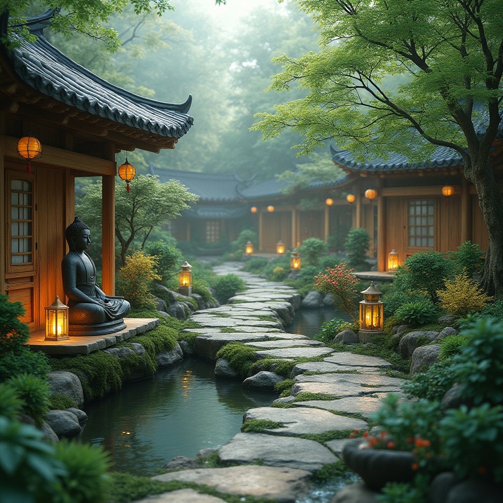 Prompt: Serenity garden, lush greenery, meandering pathways, tranquil water features, koi ponds, Buddha statues, natural stone walls, rustic wooden benches, vibrant flowers, lanterns, misty atmosphere, soft warm lighting, shallow depth of field, 3/4 composition, panoramic view, realistic textures, ambient occlusion.